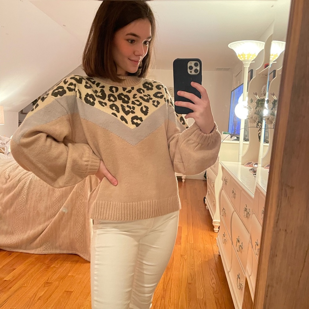 Vestique, blue, pink, and cheetah puff-sleeve sweater